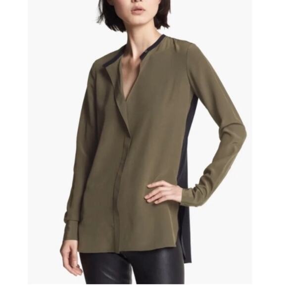 Vince Silk Olive Green and Black Two Toned Colorblock Blouse 2 - Picture 1 of 11